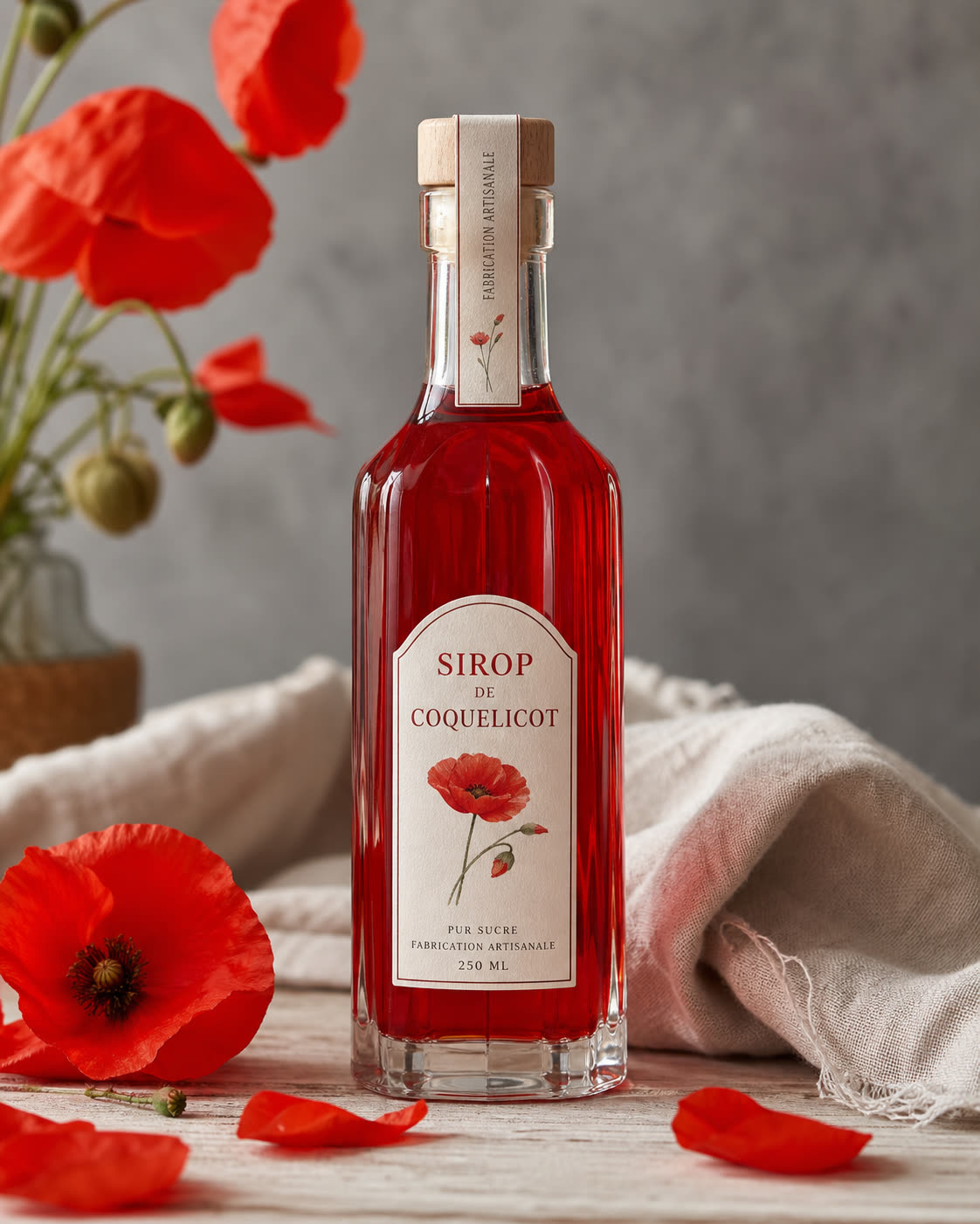 Sirop artisanal de coquelicot en bouteille avec pétales rouges frais sur fond clair et naturel