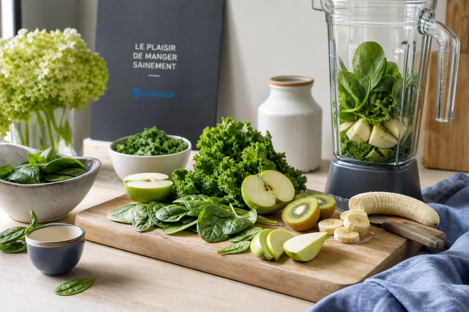 Preparation d un smoothie vert avec epinards pomme et kiwi sur un plan de travail en bois en cuisine
