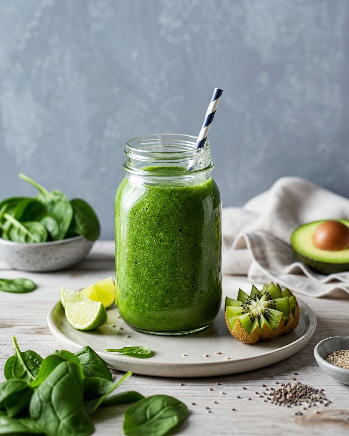 Smoothie vert vitaminé dans un verre sur une table en bois, ingrédients frais et sains autour
