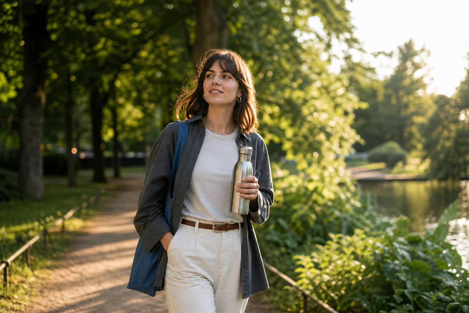 Personne marchant dans un parc vert avec une gourde en inox réutilisable, mode de vie durable et écologique