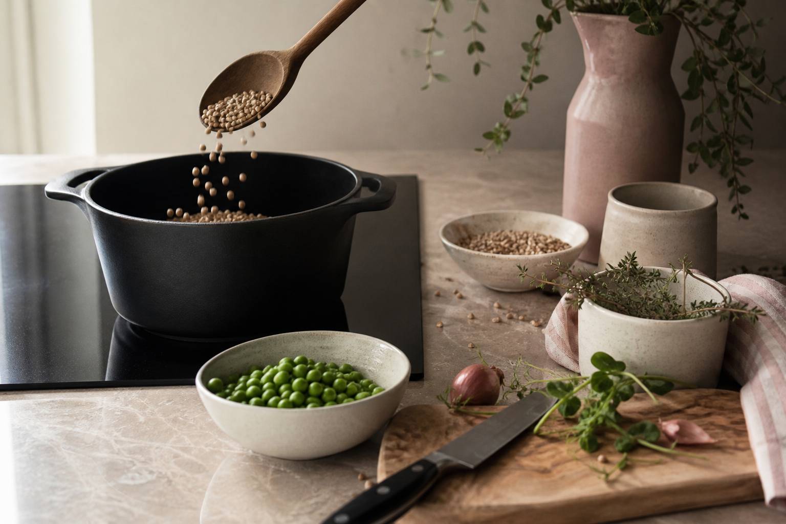 Préparation de risotto au sarrasin avec casserole grains toastés et petits pois frais