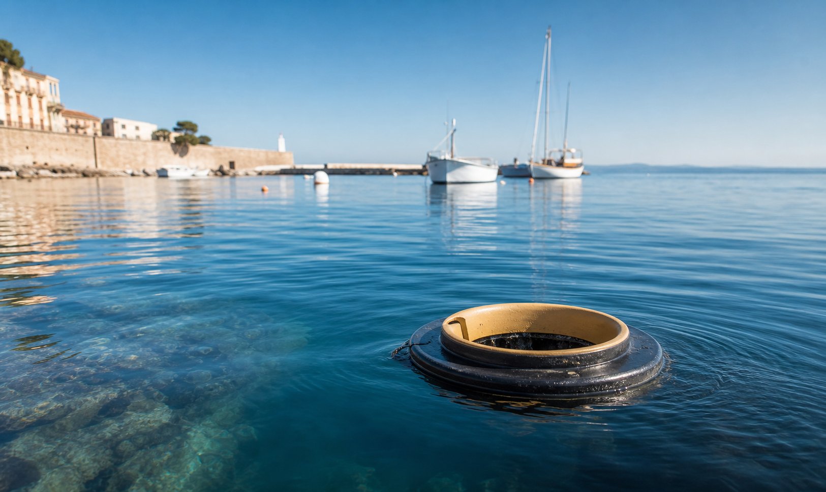 Dispositif Seabin flottant dans un port méditerranéen nettoyant la surface de l'eau