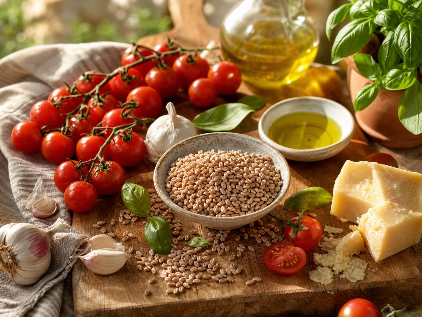 Ingrédients frais pour un risotto de petit épeautre : tomates cerises, basilic, ail, épeautre et parmesan sur une planche en bois