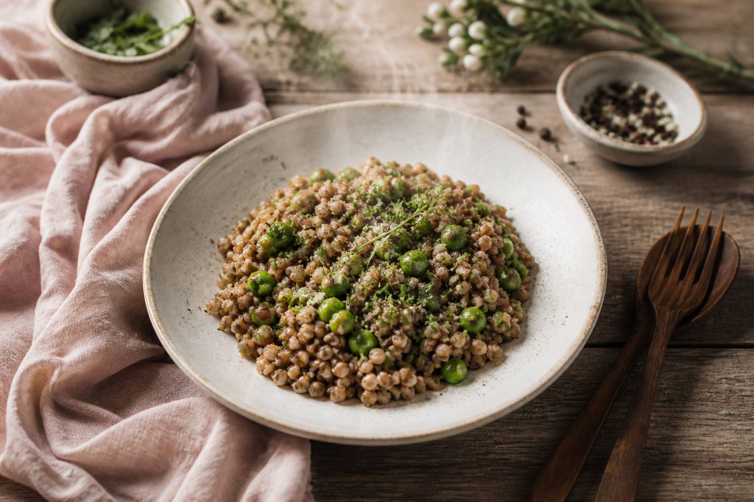 Risotto au sarrasin toasté avec petits pois verts dans une assiette en céramique