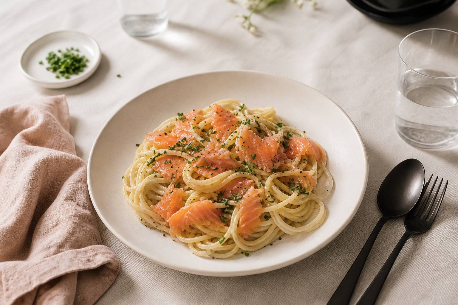 Spaghetti aux eclats de saumon fume plat elegant sur table dressee