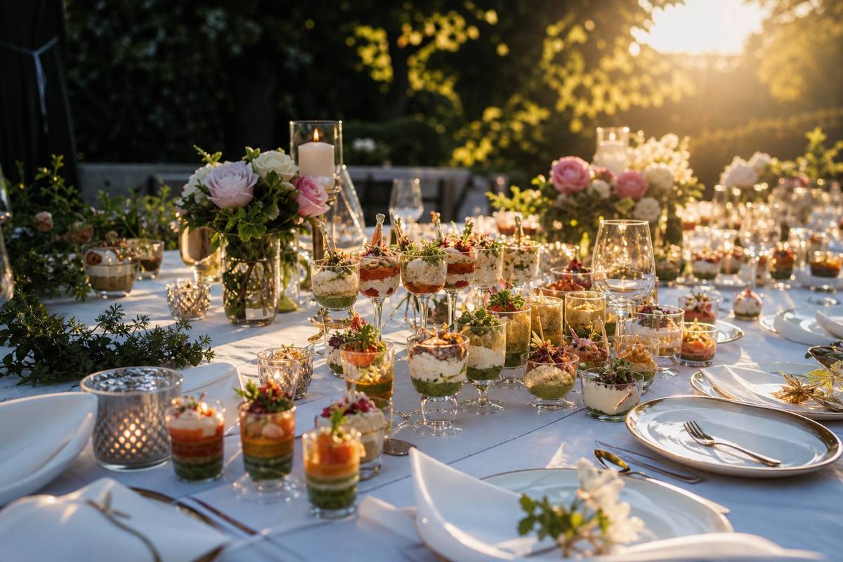 Table de fete avec verrines aperitives colorees decoration elegante