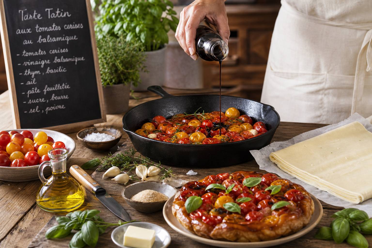 Préparation de la tarte tatin aux tomates cerises et vinaigre balsamique maison