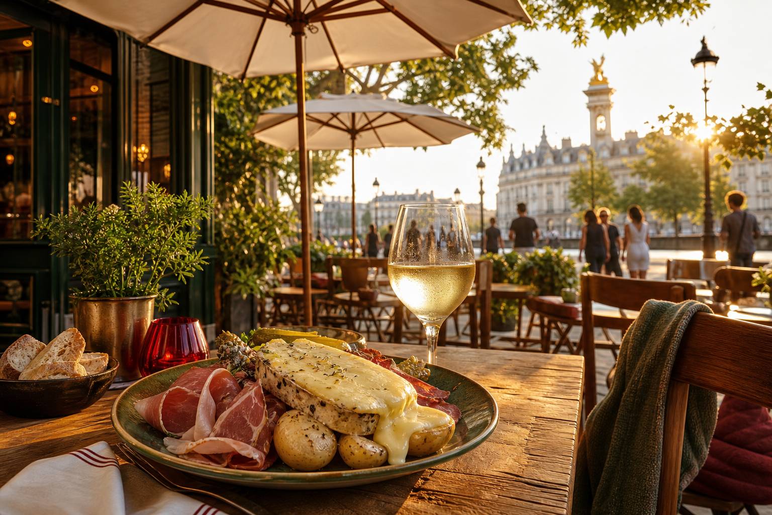 Terrasse de restaurant parisien en ete assiette savoyarde verre de vin blanc et coucher soleil