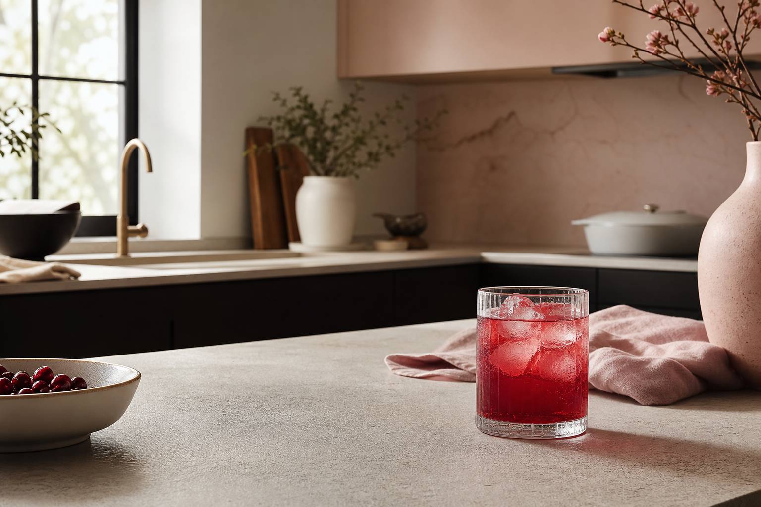 Verre de sirop de grenadine aux glaçons dans cuisine moderne et lumineuse