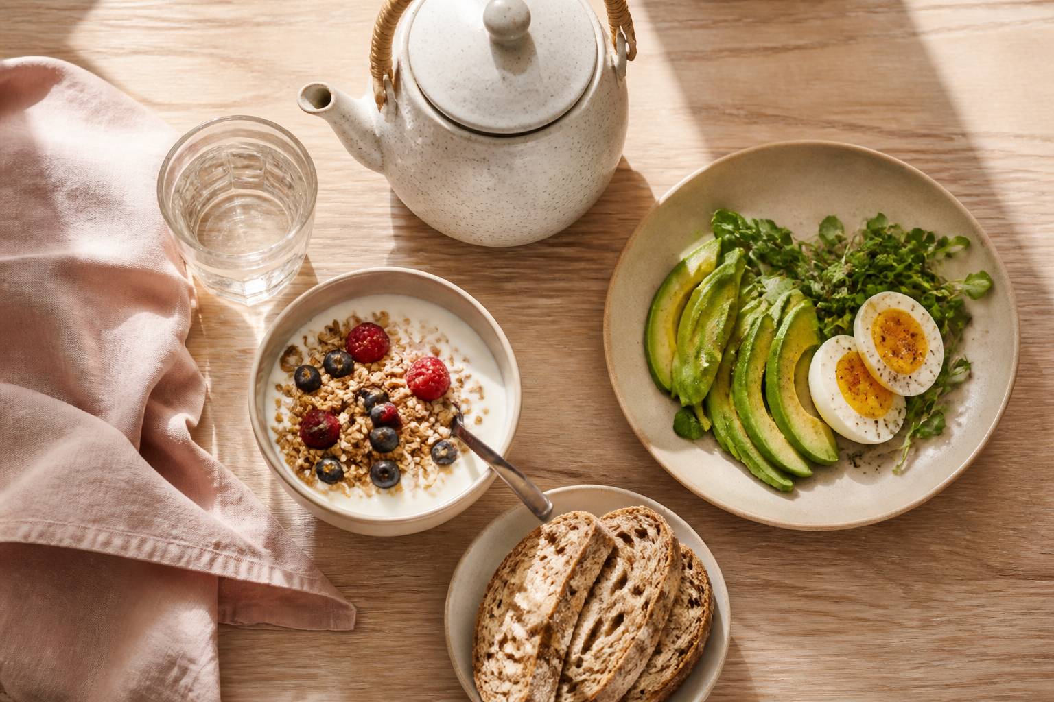 Bol de yaourt aux fruits rouges et tartines complètes sur une table claire