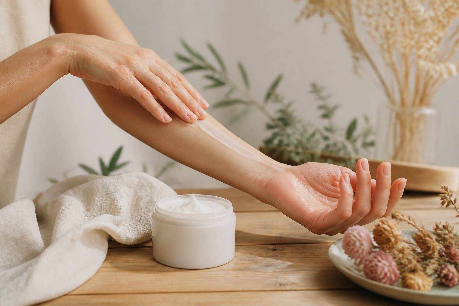 Mains appliquant une crème émolliente douce sur l'avant-bras