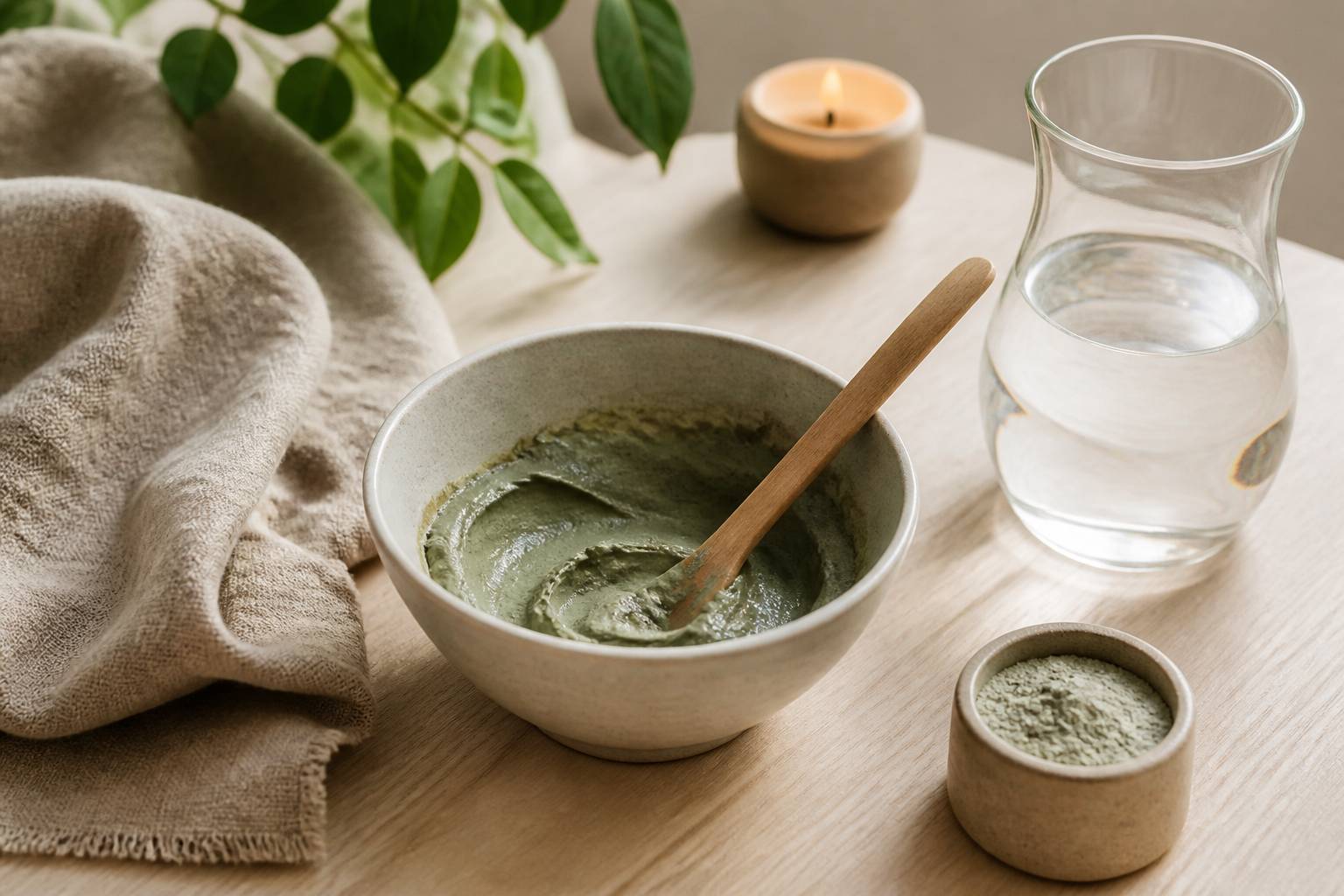 Bol d'argile verte avec spatule dans une ambiance de soin naturel