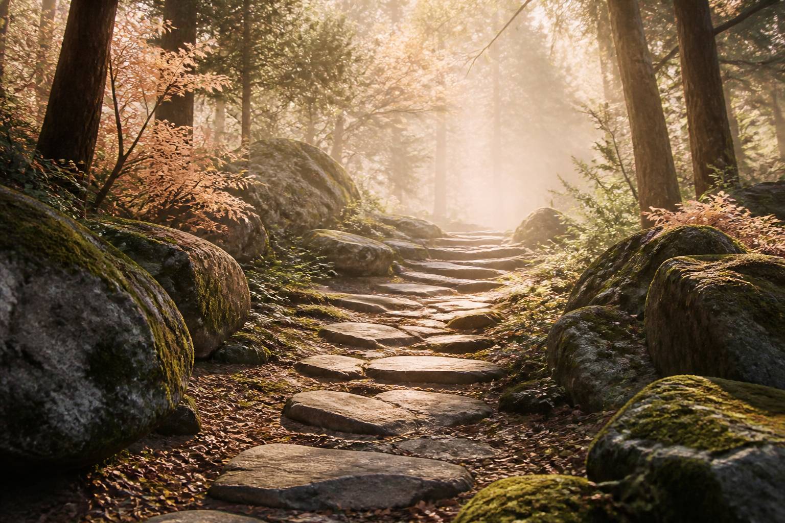 Chemin de pierres traversant une forêt baignée de lumière douce, symbole de résilience