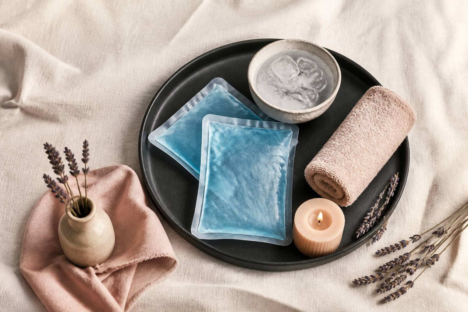 Plateau de soin avec poches de gel bleu, bol d'eau fraîche et linge en lin
