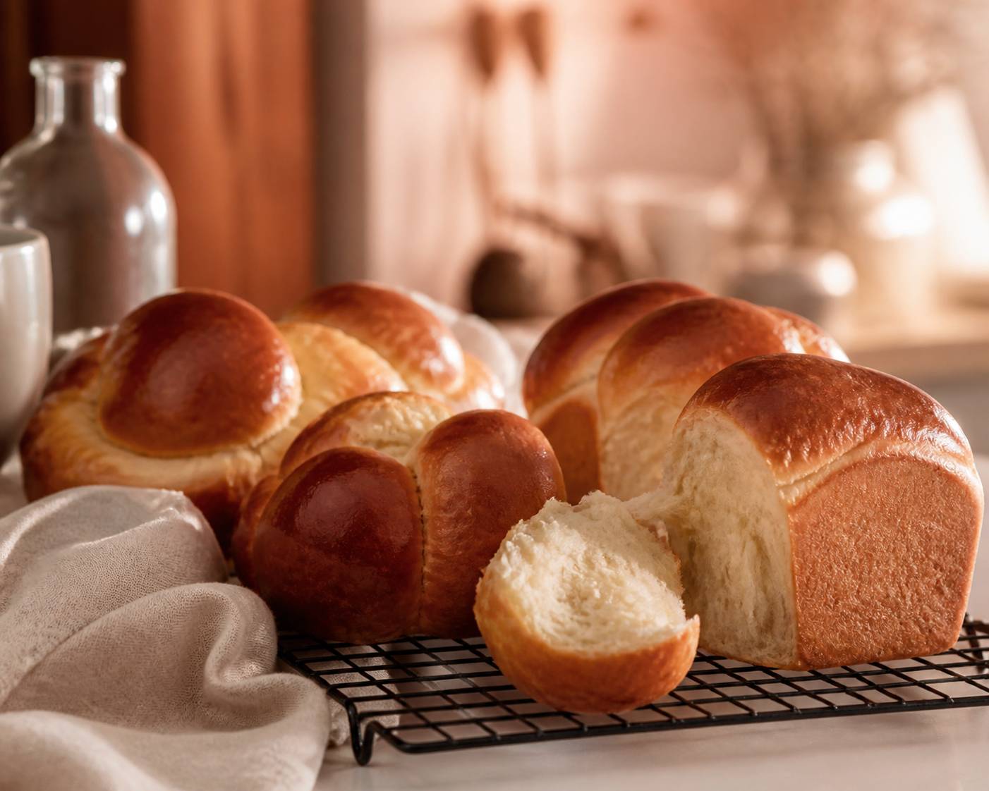 Brioches dorées avec une mie filante sur une grille de refroidissement