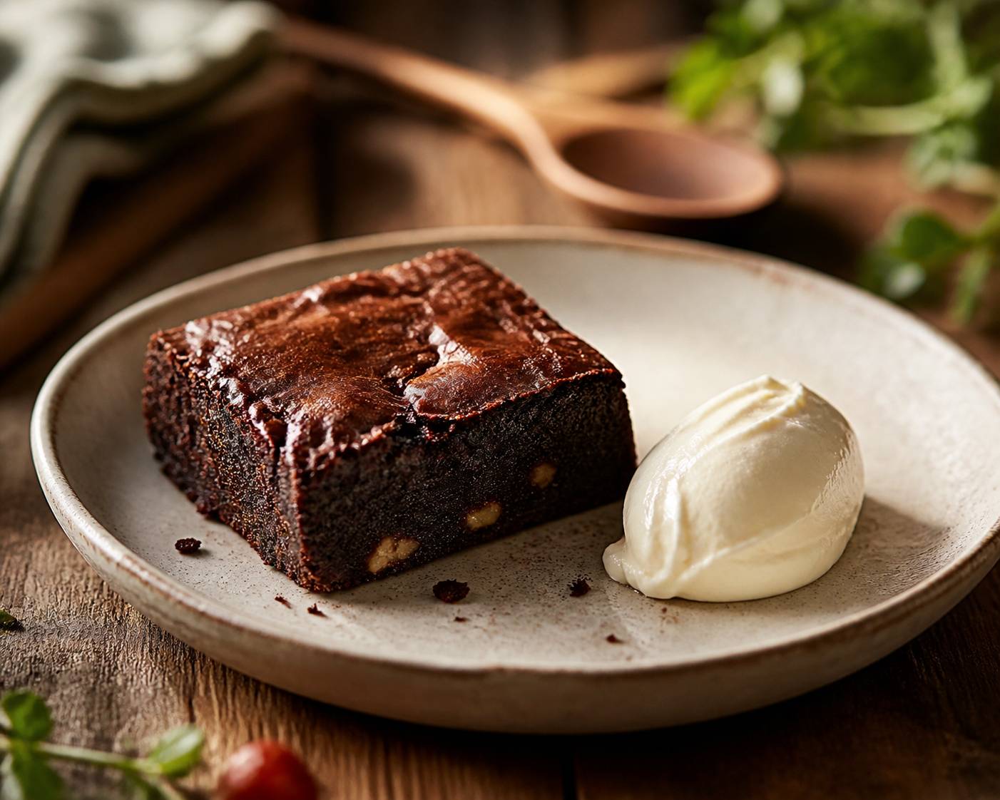 Carré de brownie chocolaté fondant avec des éclats de noix