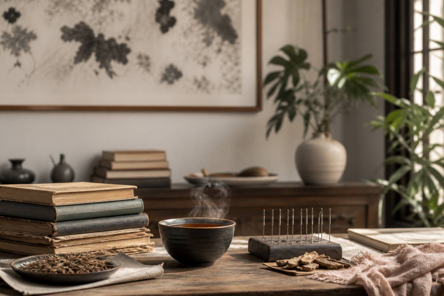 Cabinet de médecine chinoise avec table en bois, thé et livres anciens