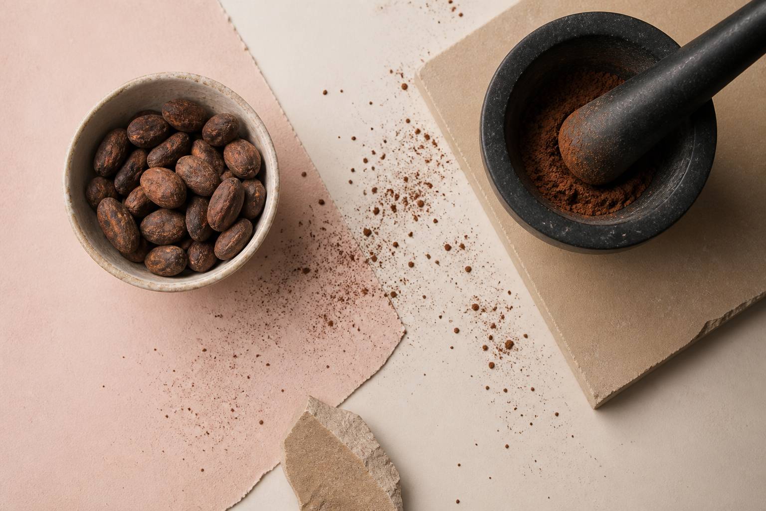 Fèves de cacao cru entières dans une coupelle avec un mortier et un pilon