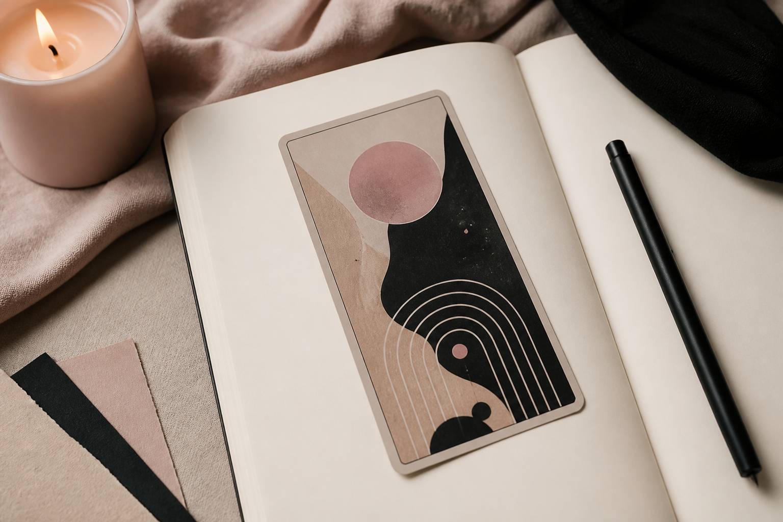 Une carte de tarot générique posée sur un carnet avec une bougie et des symboles flous
