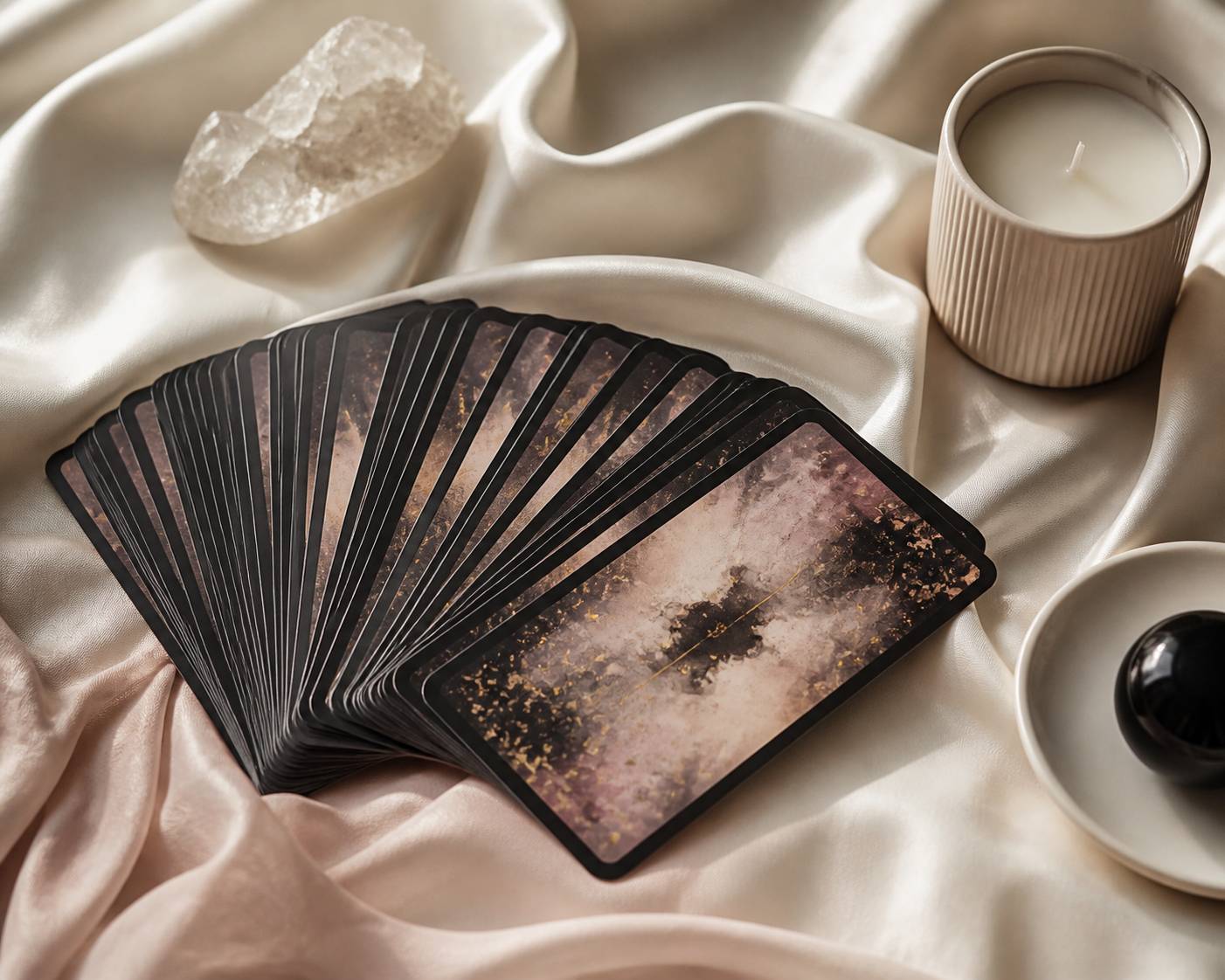 Éventail de cartes de tarot génériques sur de la soie avec un cristal