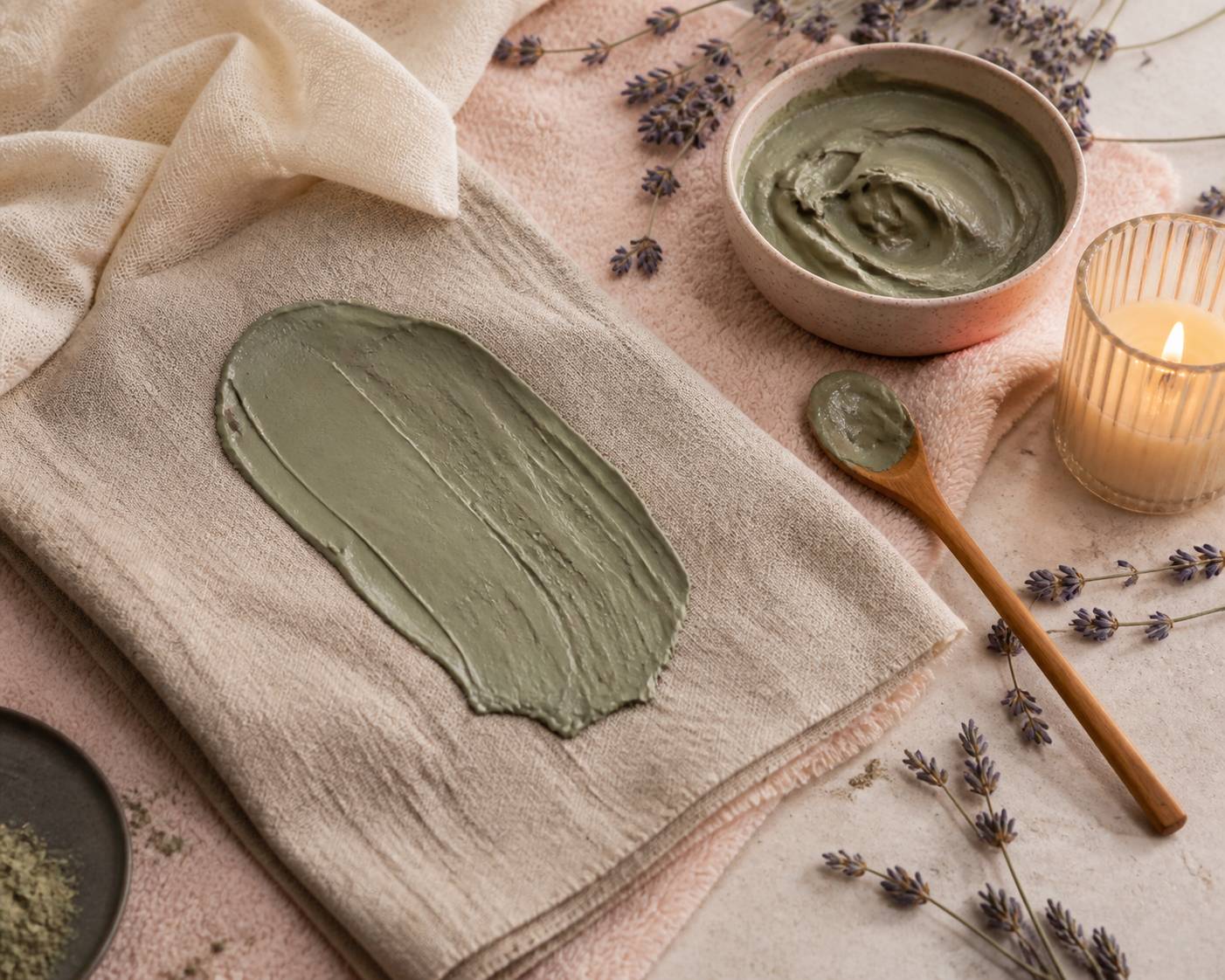 Cataplasme d'argile verte étalé sur un linge en lin