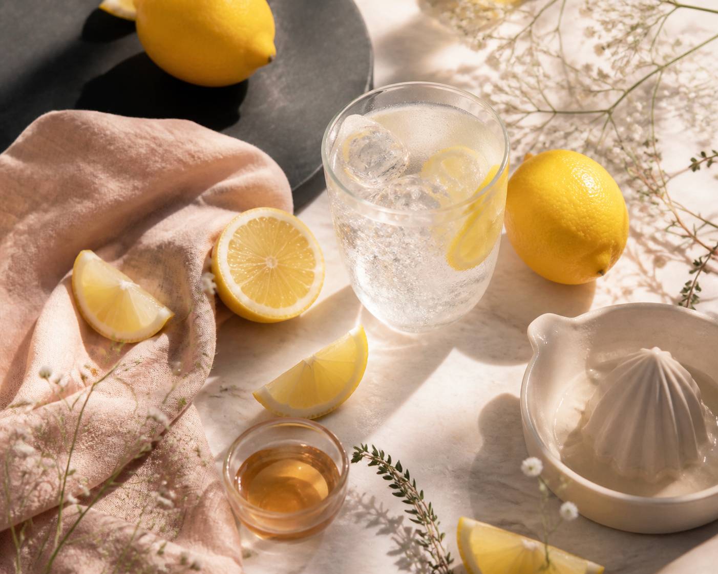 Citrons, presse-agrumes et verre d'eau pétillante pour limonade