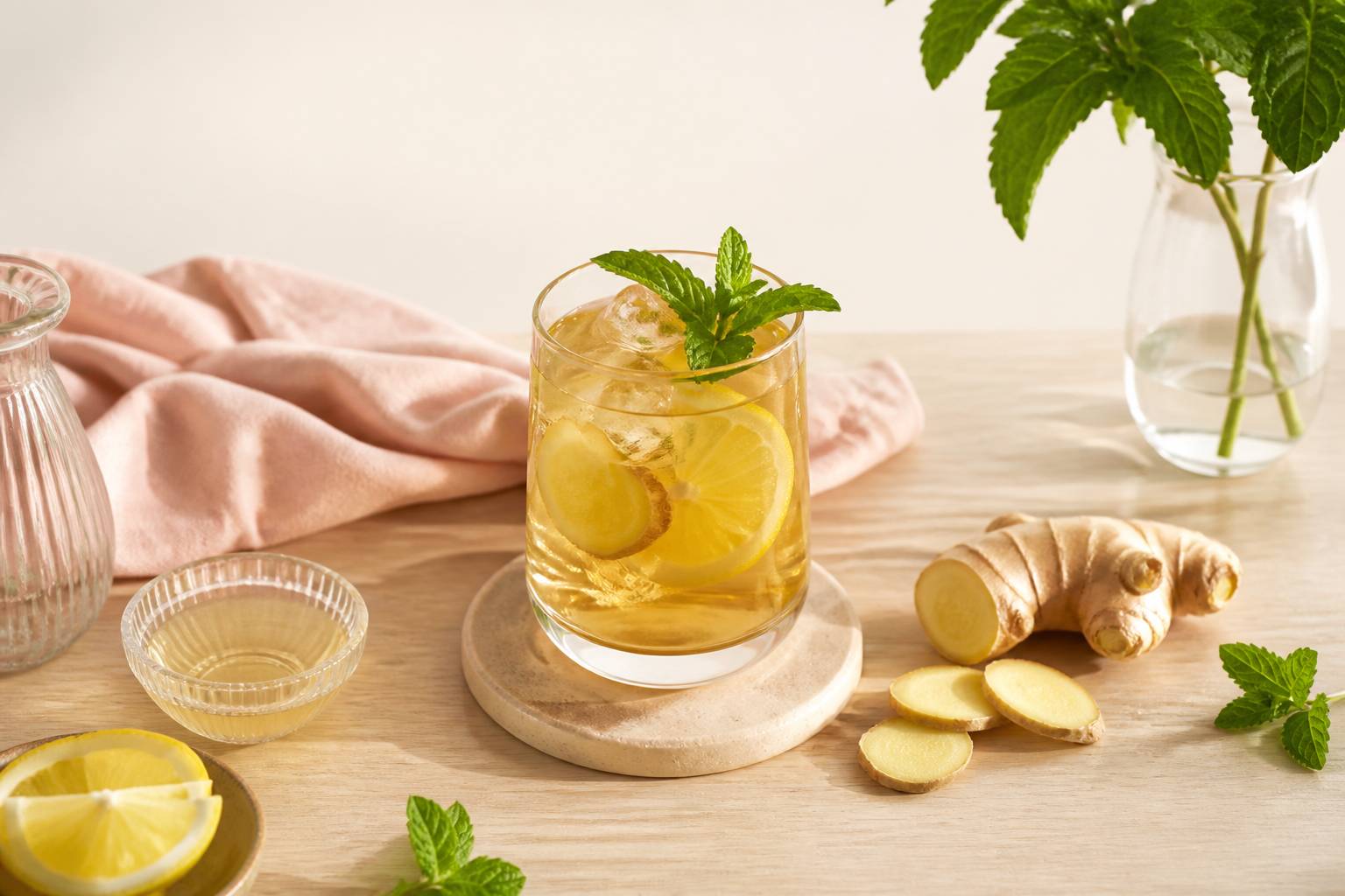 Verre de boisson dorée au gingembre avec citron et menthe