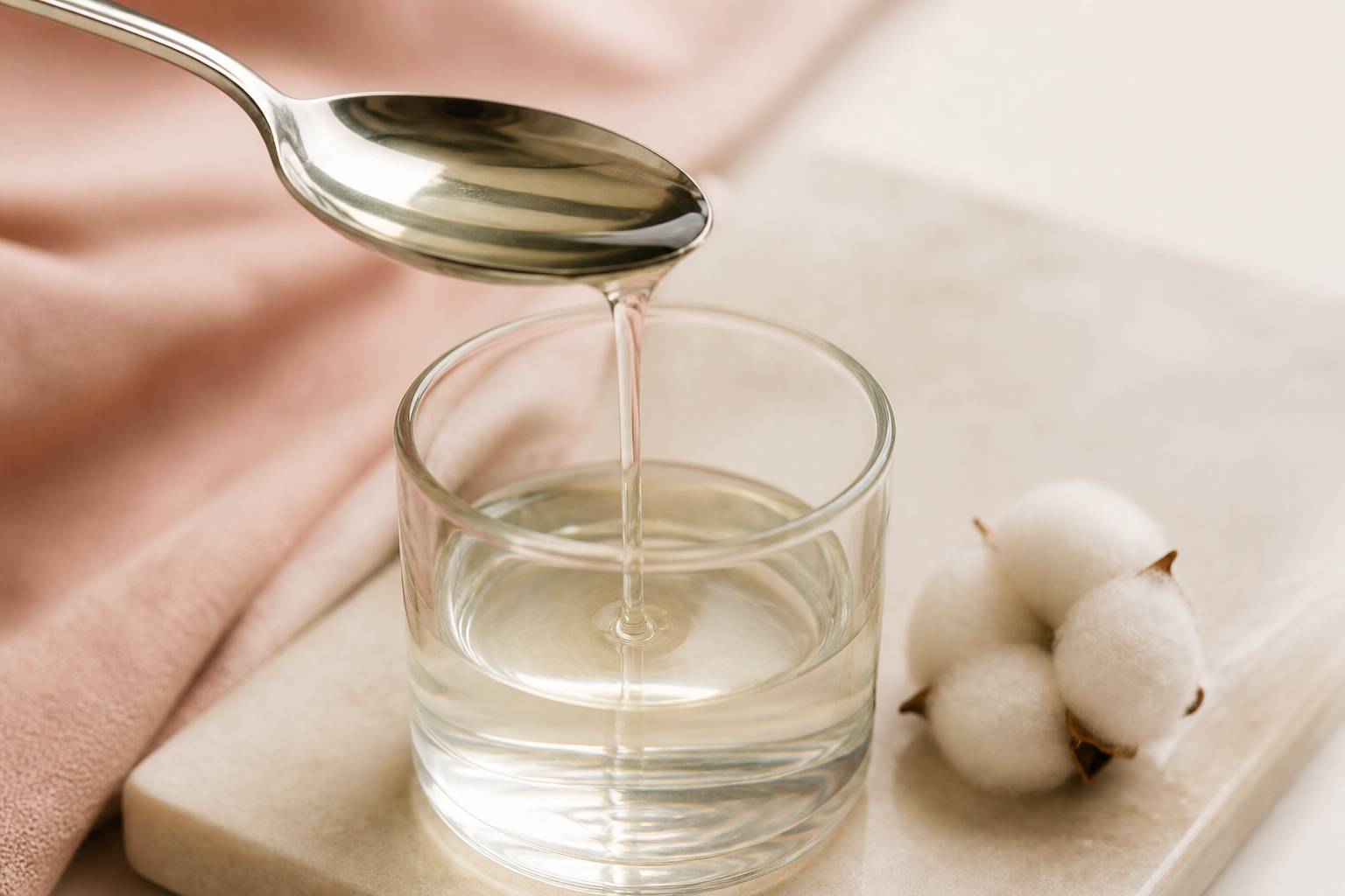 Cuillère versant une huile minérale limpide dans un verre