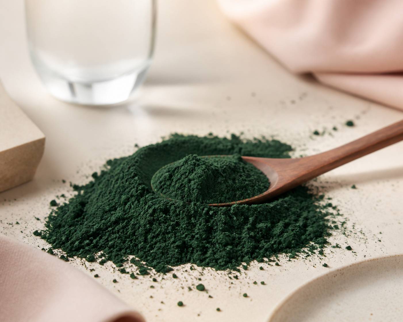 Cuillère en bois plongeant dans la poudre fine de spiruline verte