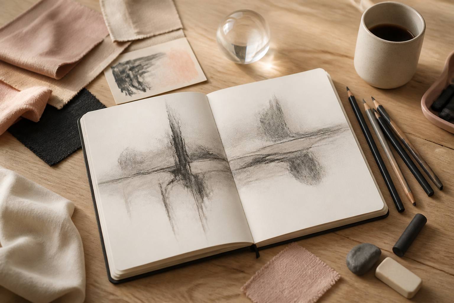 Carnet de croquis ouvert avec dessin au crayon graphite