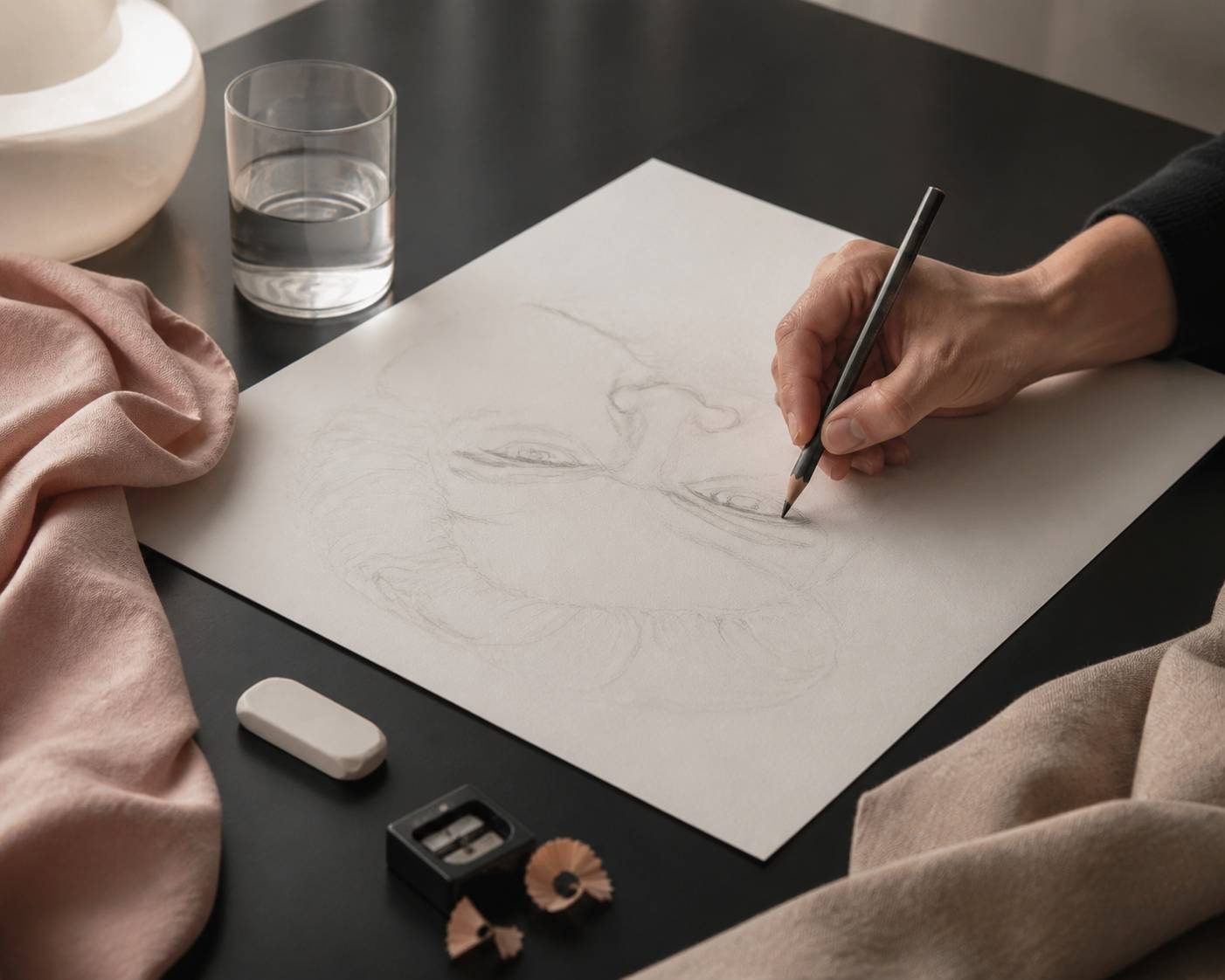 Main traçant des lignes sur un dessin inversé au crayon