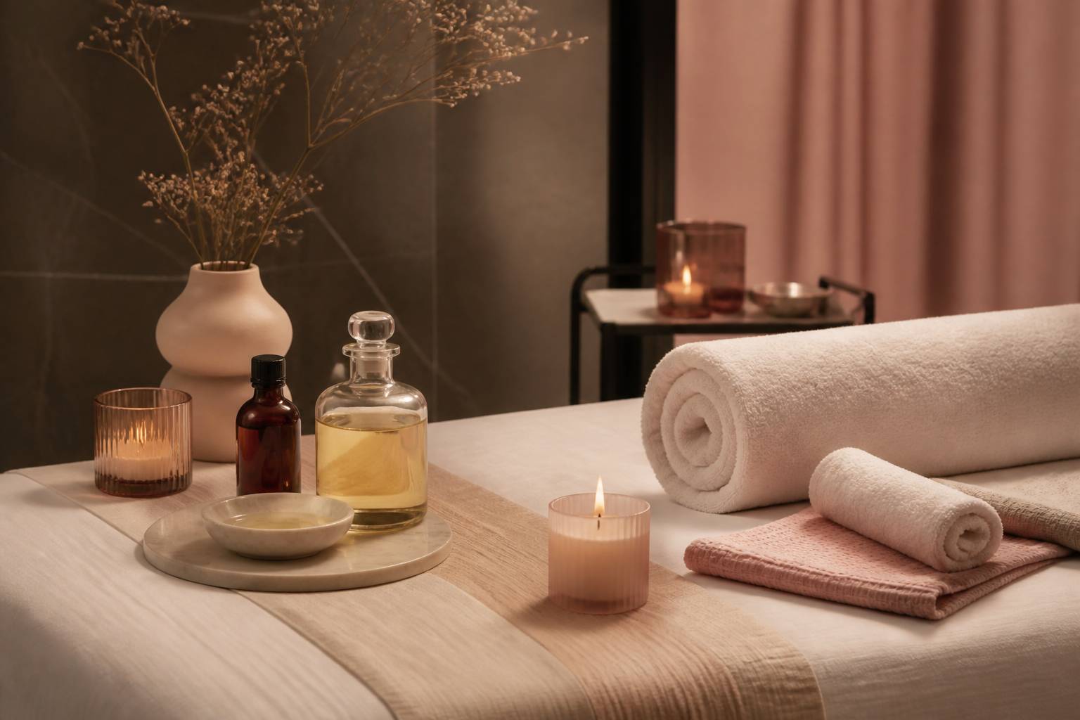Table de massage avec drap blanc, bougie et huiles de soin
