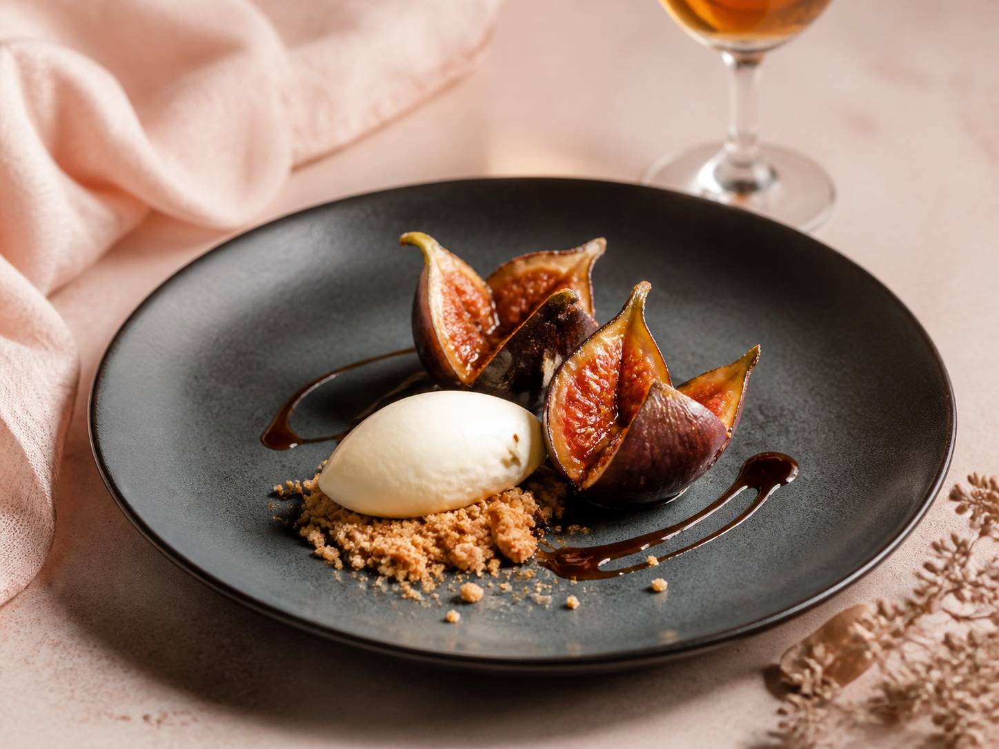Assiette de figues rôties caramélisées avec sablé et crème