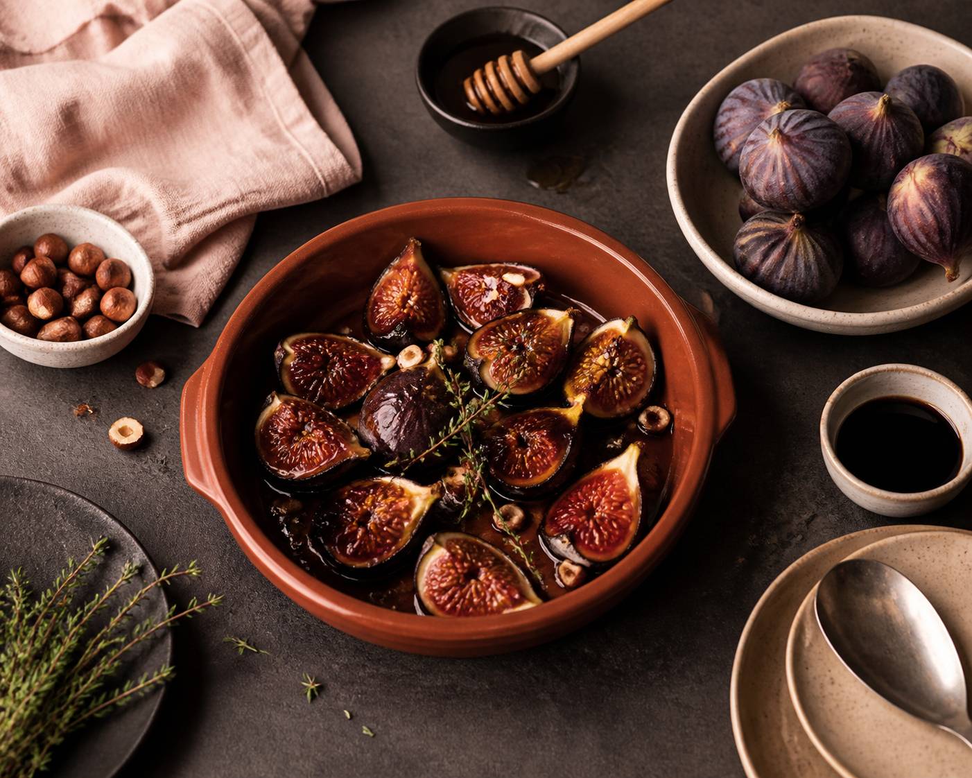 Figues rôties arrosées de miel et de banyuls dans un plat