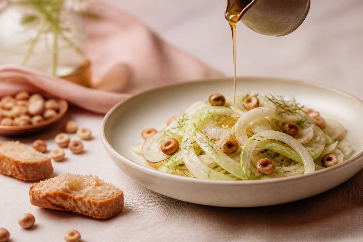 Filet d'huile de noisette dorée versé sur une salade avec noisettes grillées