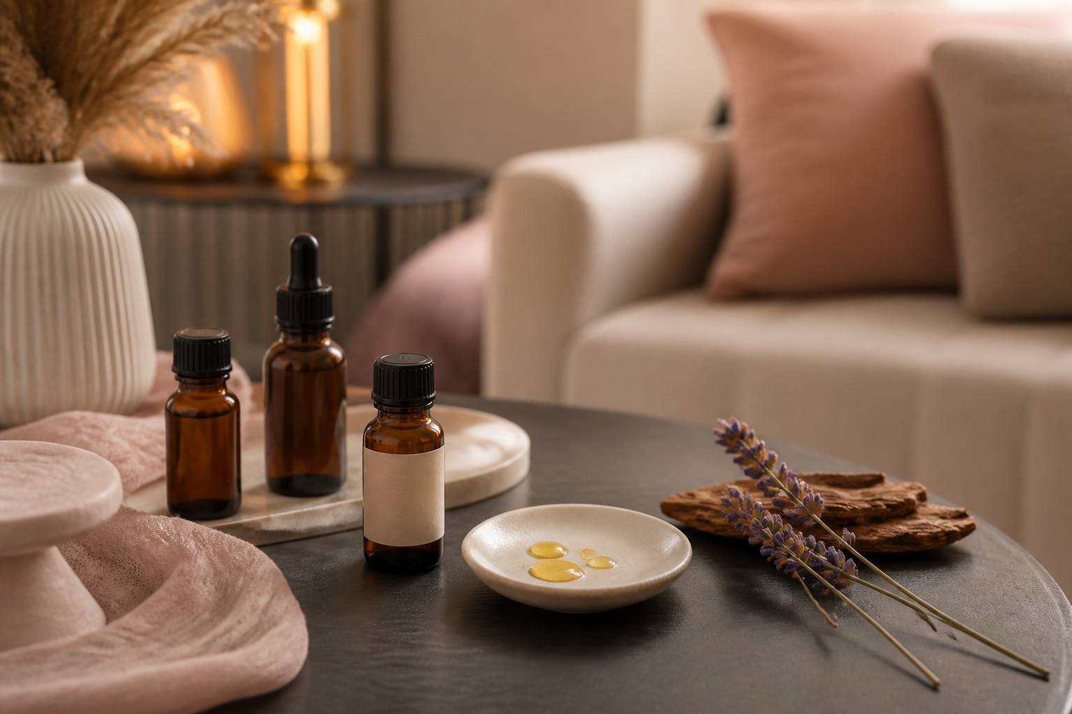 Flacons d'huiles essentielles avec lavande et bois de patchouli