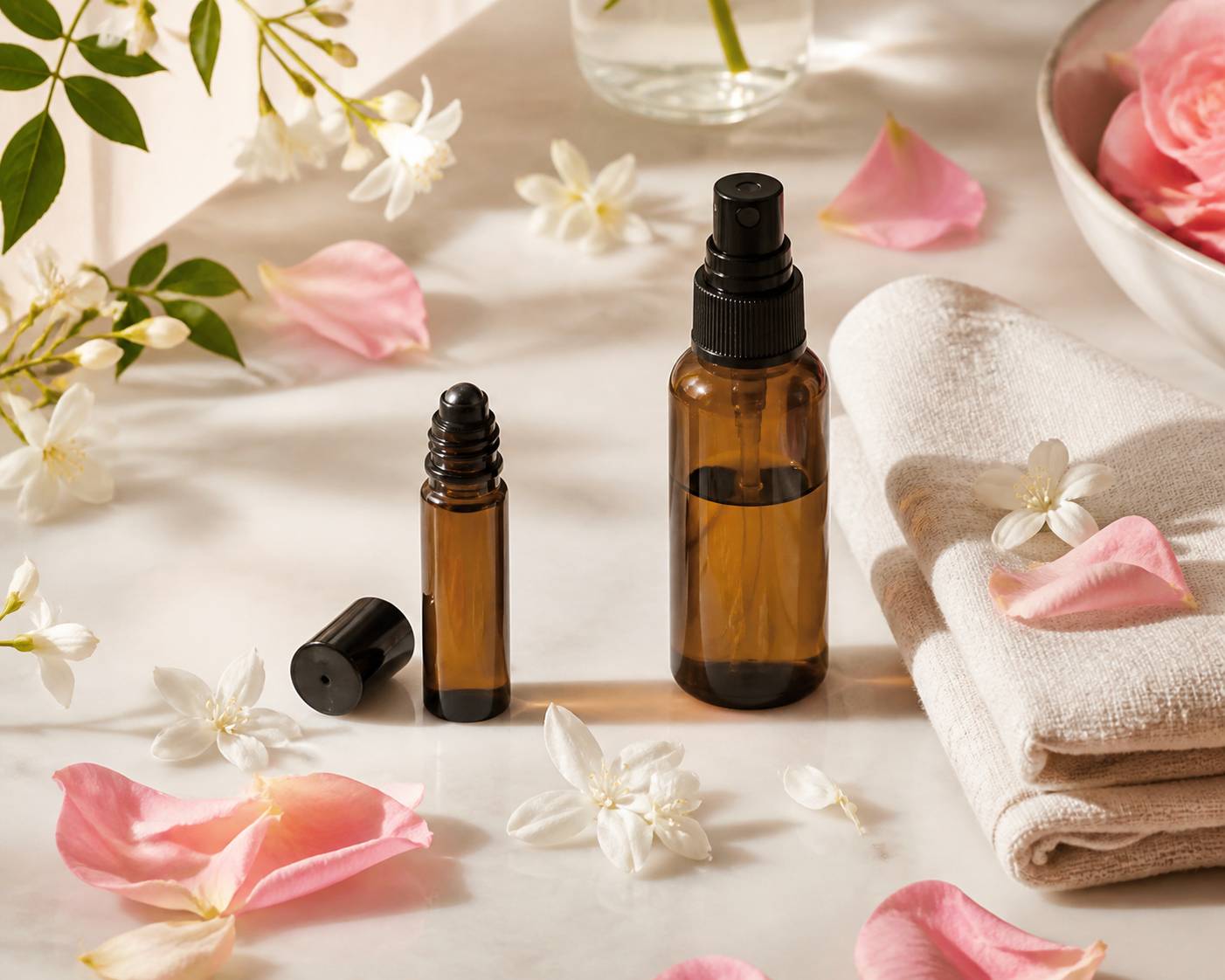 Roll-on et eaux florales bio sur une table lumineuse avec pétales de rose