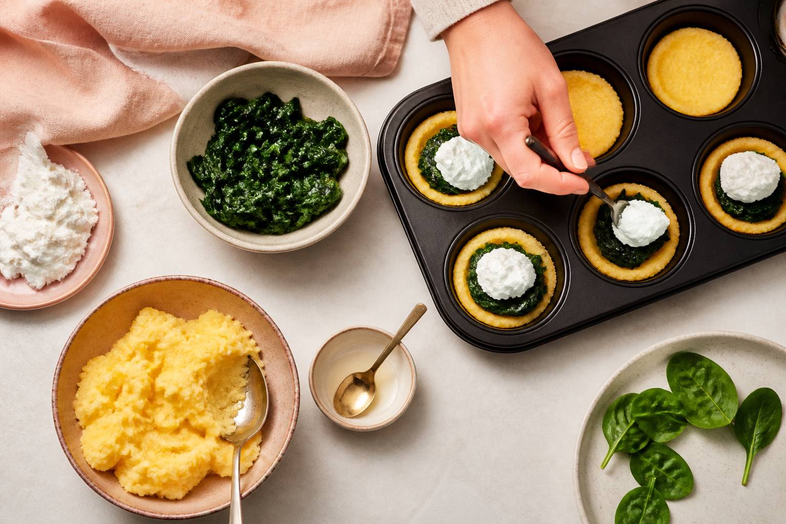 Main garnissant une tartelette de polenta avec des épinards et du fromage de chèvre