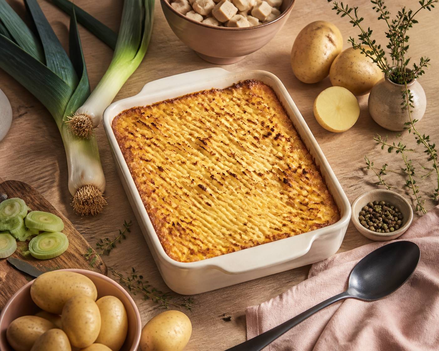 Hachis parmentier végétarien à la surface dorée et gratinée avec poireaux et pommes de terre