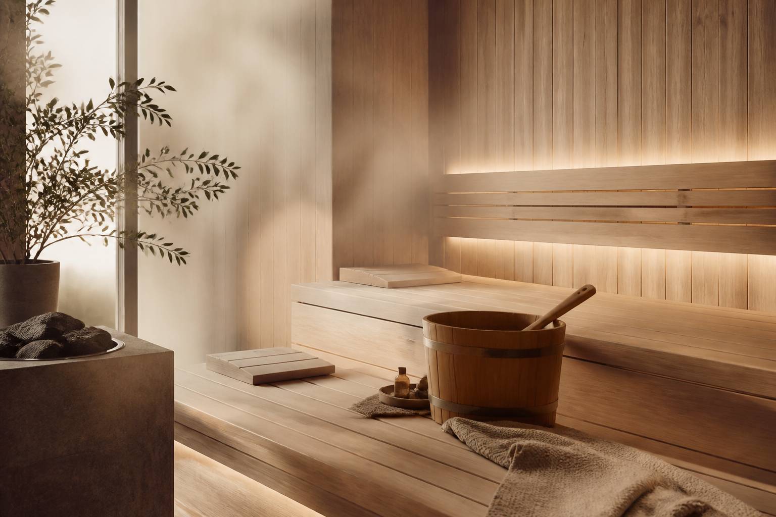 Sauna en bois clair avec seau et lumière chaude