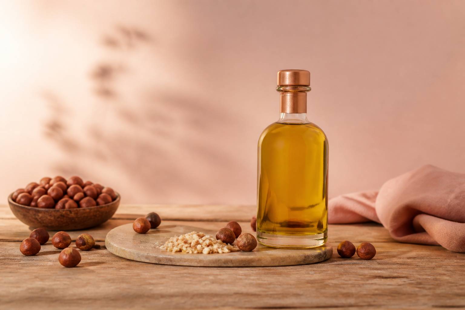 Bouteille d'huile dorée sans étiquette avec noisettes grillées sur une table en bois