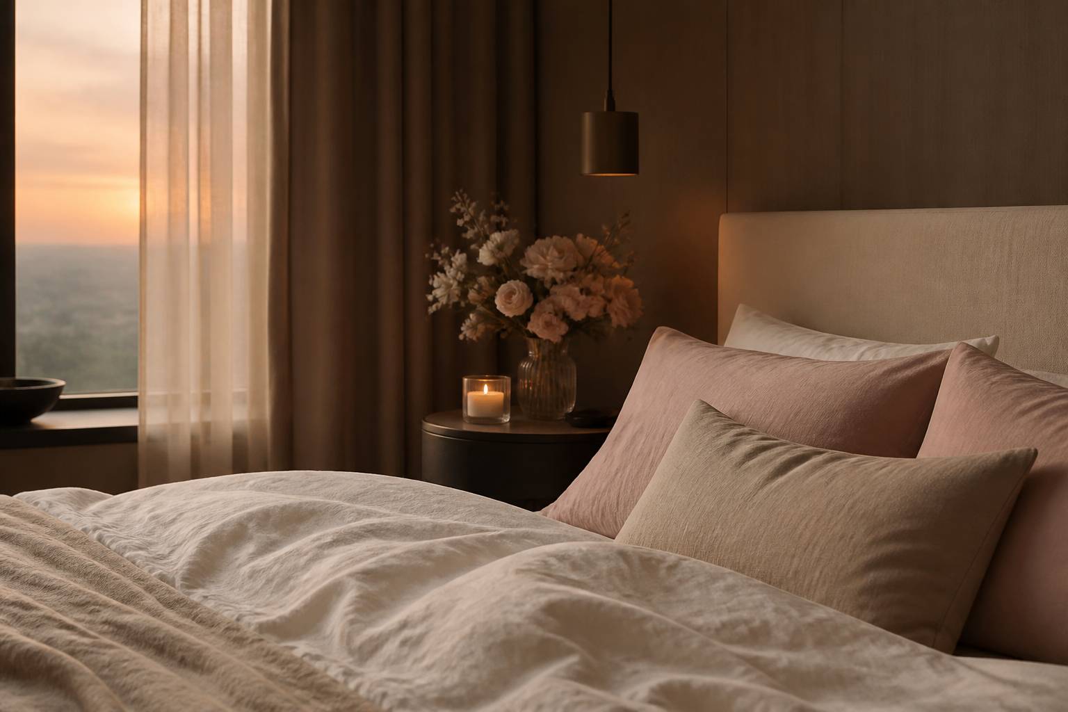 Chambre apaisée avec un lit en lin clair, une bougie et des fleurs douces