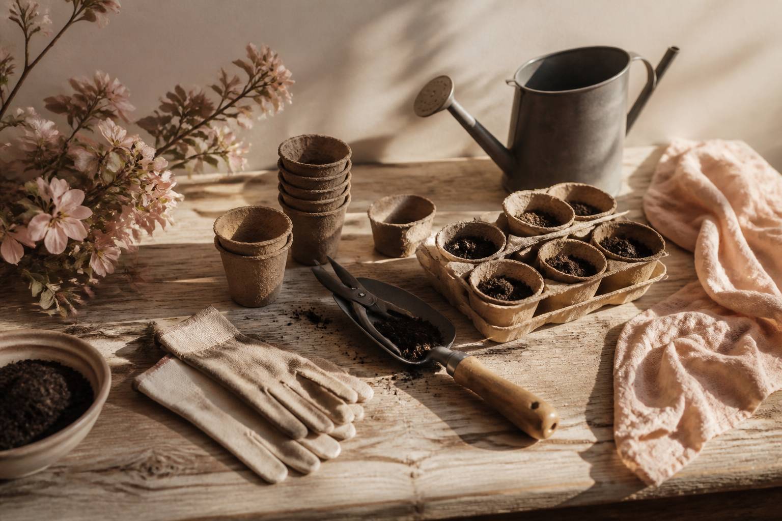 Outils de jardinage et godets de semis poses sur un etabli en bois