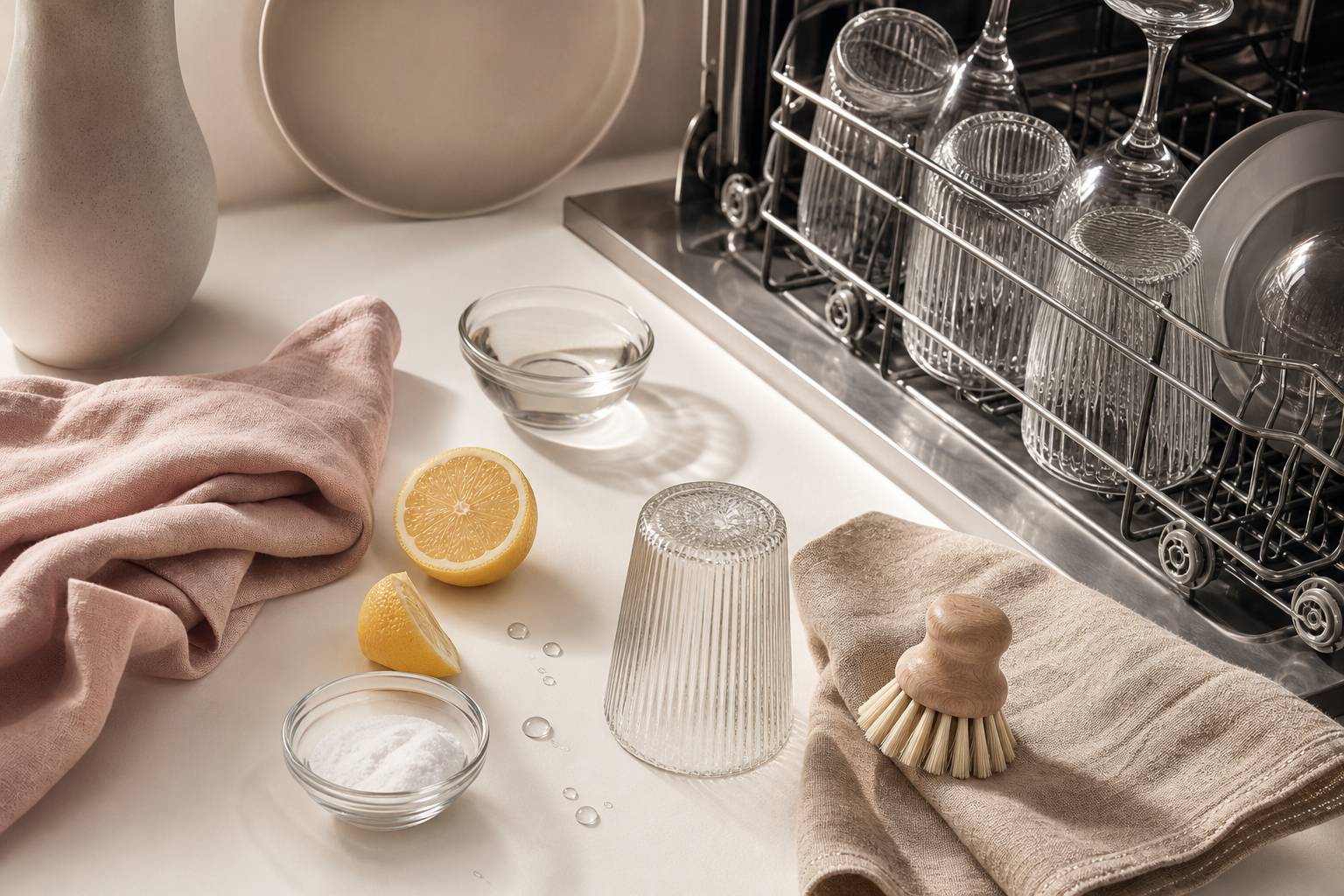 Lave-vaisselle : Astuces efficaces avec vinaigre blanc, acide citrique et bicarbonate de soude pour un