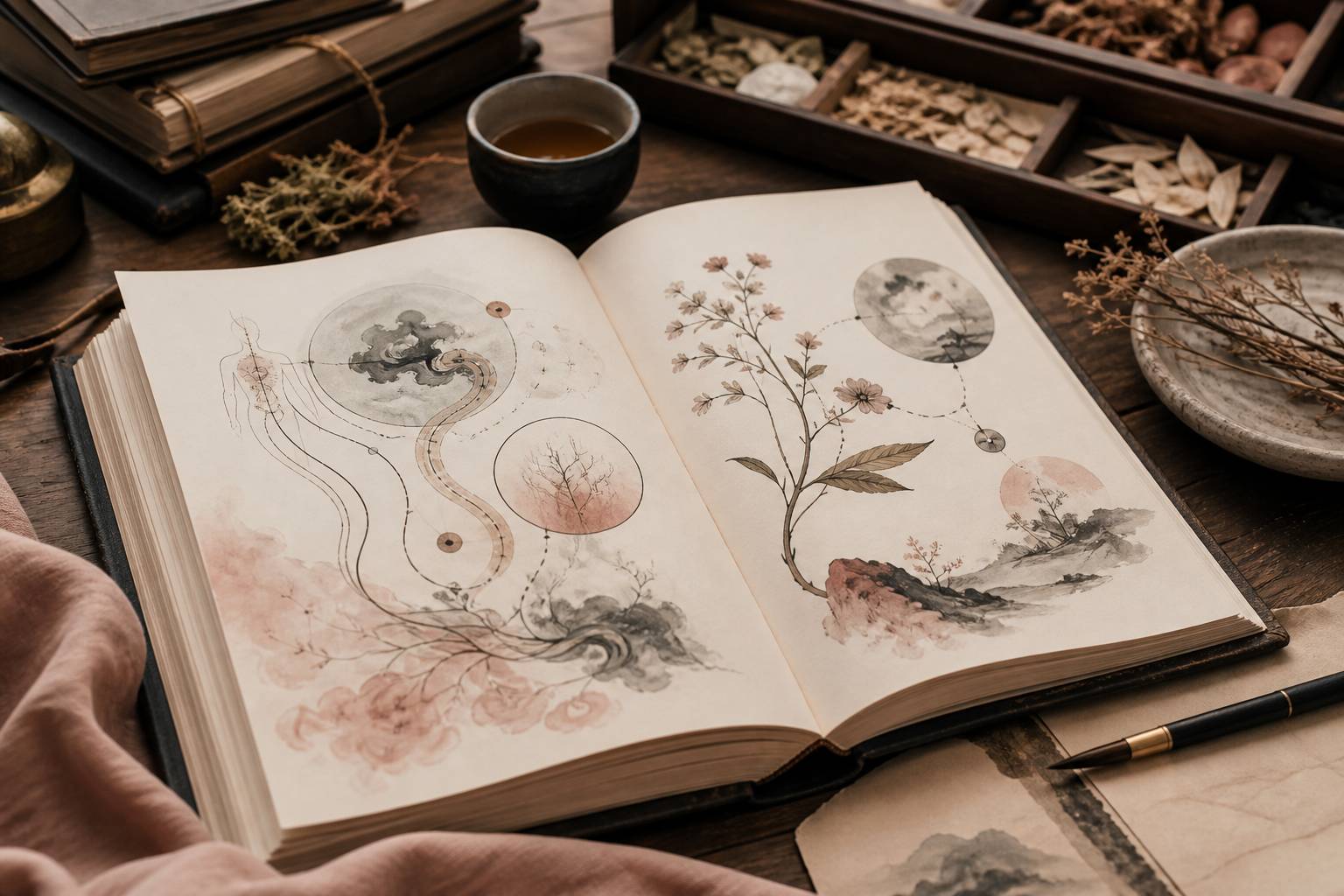 Livre ancien ouvert avec illustrations abstraites et tasse de thé