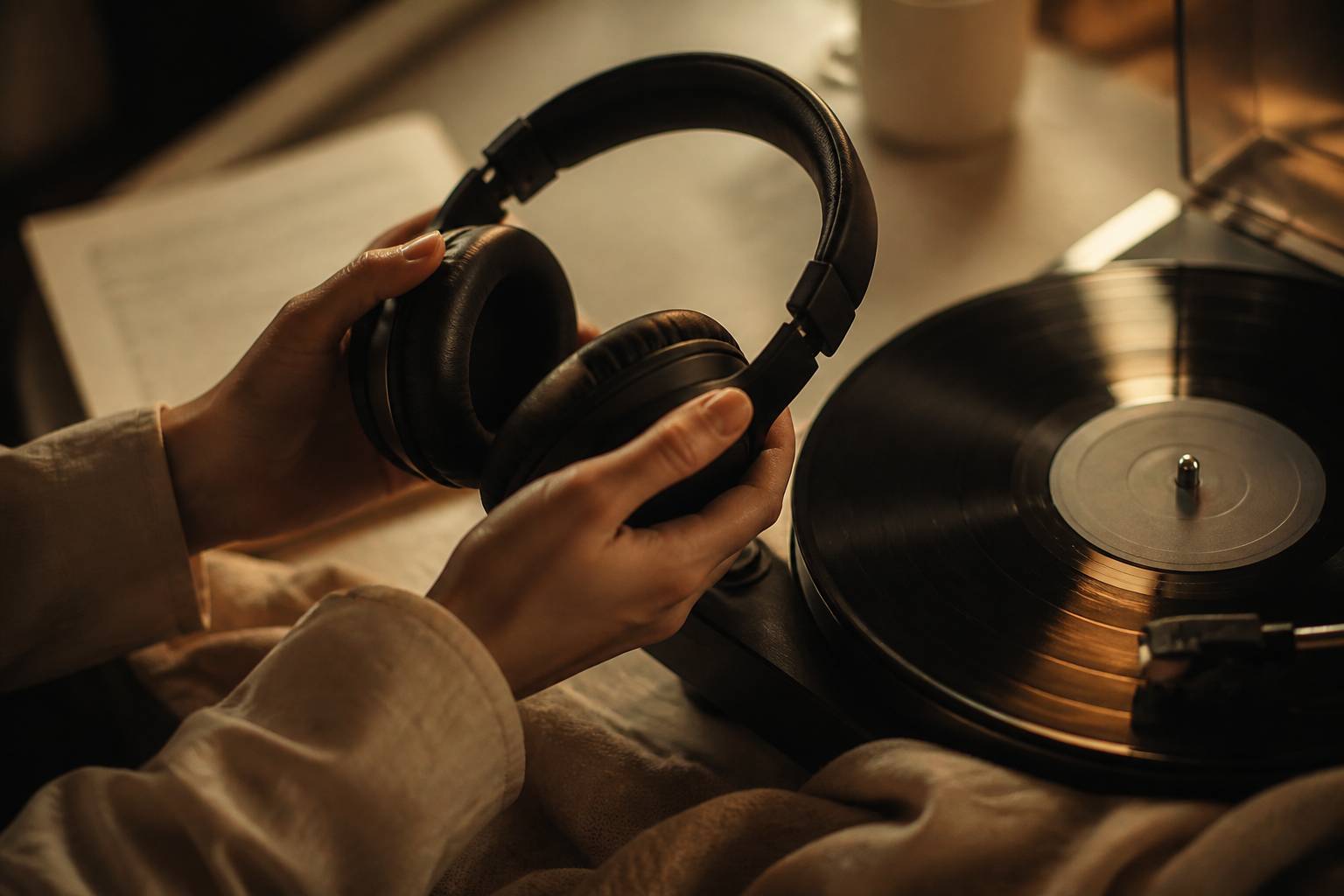 Mains anonymes tenant un casque audio près d'une partition et d'un vinyle qui tourne sur la platine