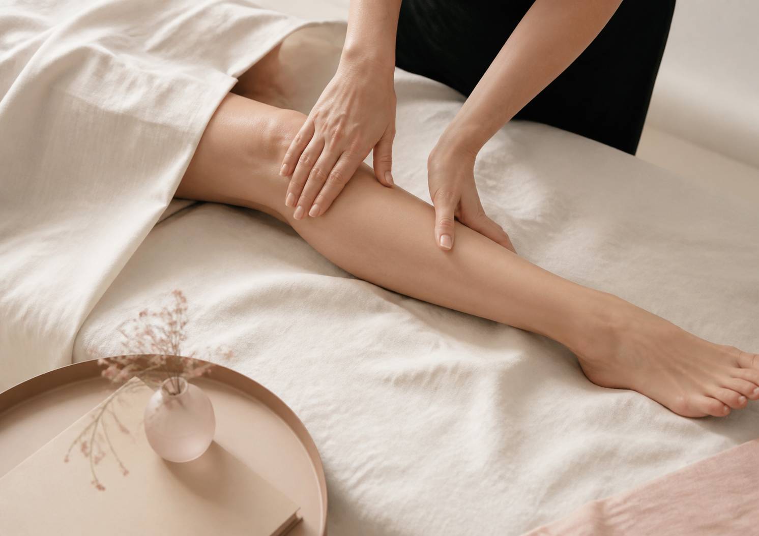 Mains de thérapeute massant doucement une jambe sous un drap blanc