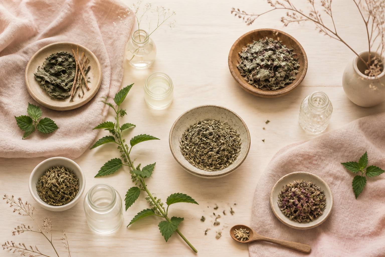 Coupelles de plantes séchées reminéralisantes sur table claire