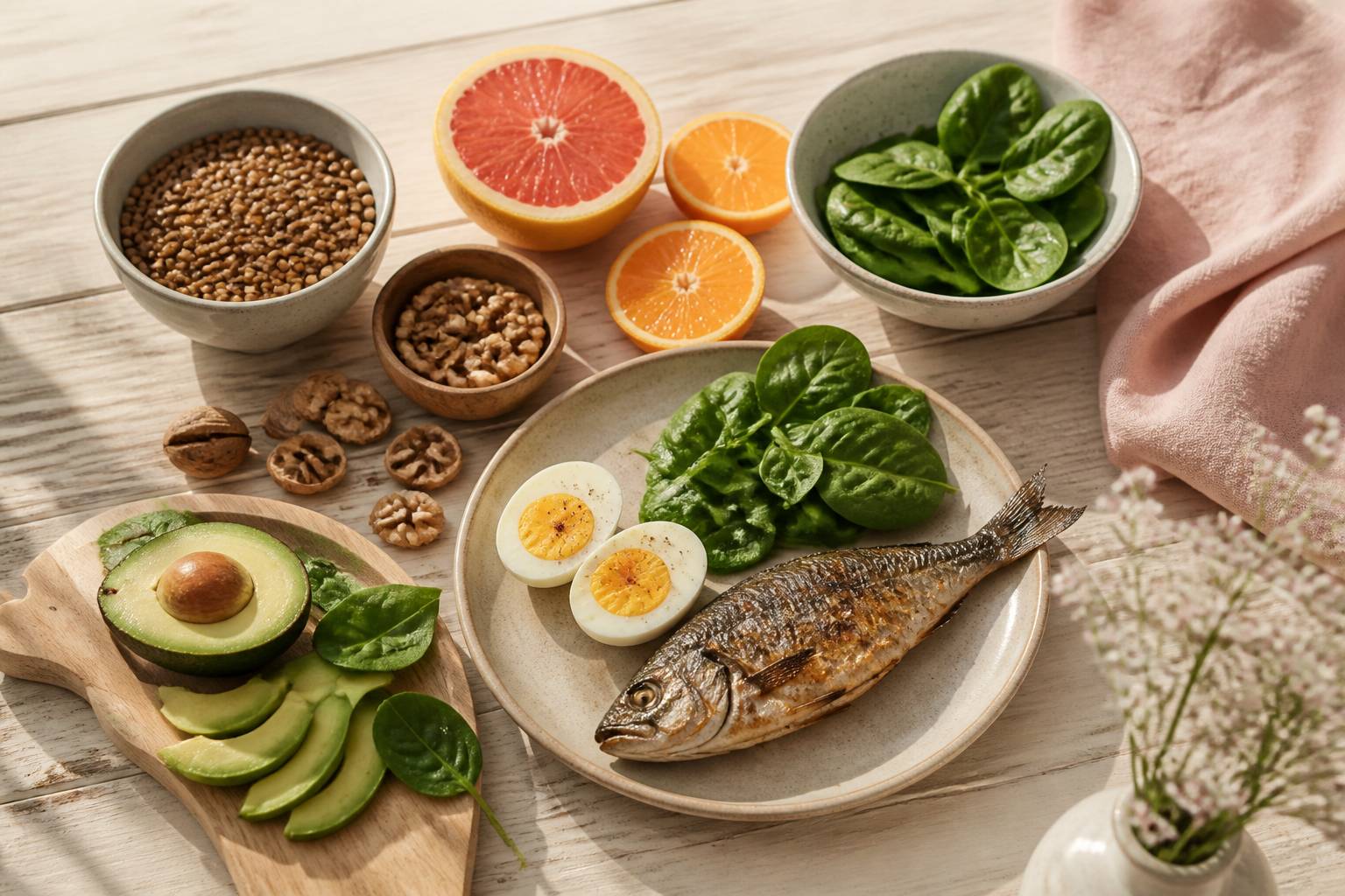 Flat-lay d'aliments riches en fer, calcium et oméga-3 pour la grossesse