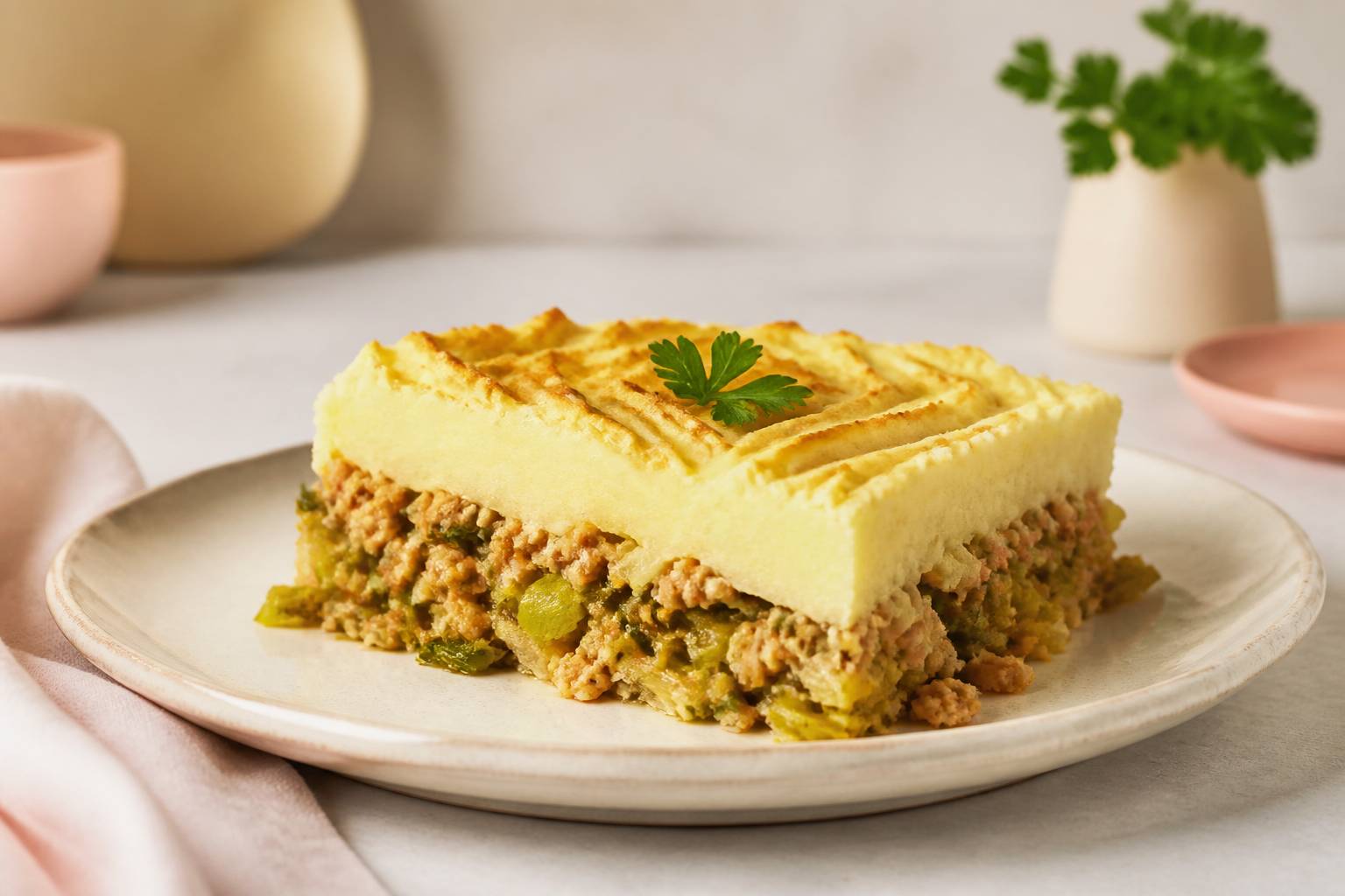 Part de hachis parmentier végétarien montrant la purée dorée et la farce aux poireaux